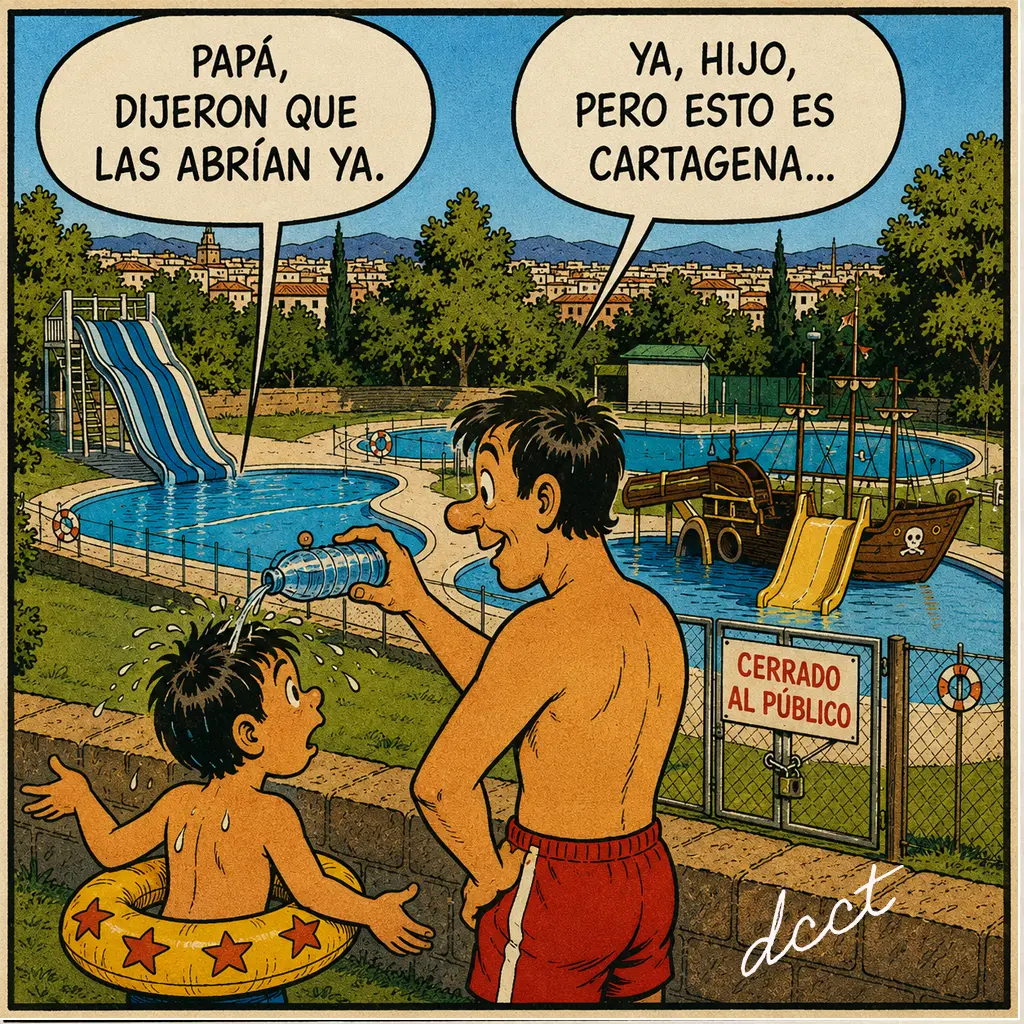 Caricatura al estilo de los tebeos españoles clásicos donde un padre refresca con una botella de agua a su hijo, que lleva un flotador, frente a unas piscinas cerradas al público en Cartagena. El niño pregunta “Papá, dijeron que las abrían ya” y el padre responde “Ya, hijo, pero esto es Cartagena...”. Al fondo se observan toboganes acuáticos, una zona de juegos pirata y un cartel de “Cerrado al público”