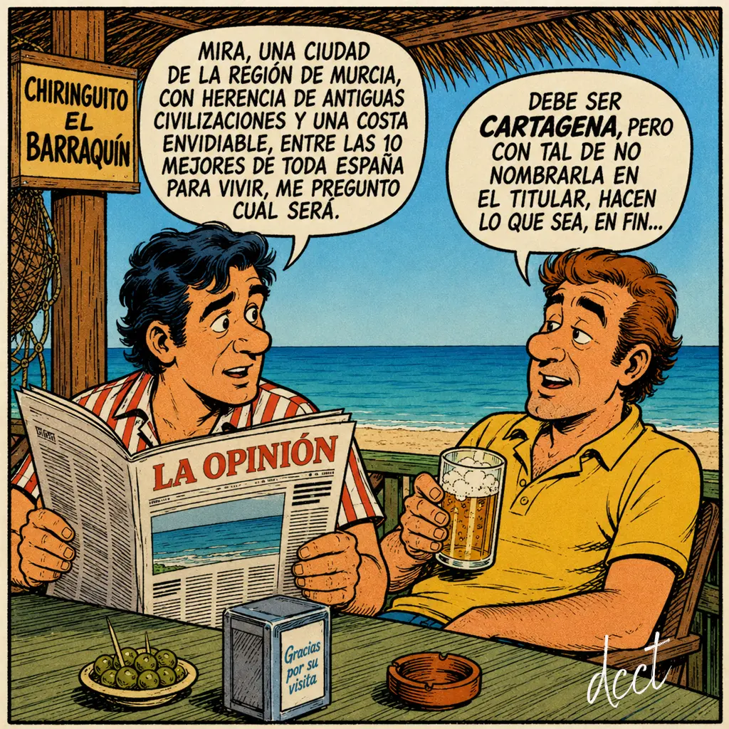 Caricatura estilo tebeo español de los años 80 con dos hombres en un chiringuito de playa frente al mar. Uno lee el periódico La Opinión mientras comenta una ciudad de la Región de Murcia entre las mejores para vivir, y el otro responde con ironía que debe ser Cartagena, criticando que no aparezca en el titular.