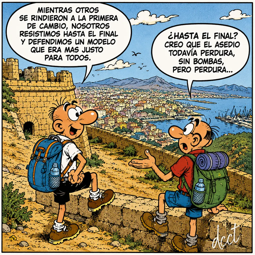 12J Ilustración estilo cómic de dos senderistas contemplando Cartagena desde el Castillo de la Concepción. Uno afirma que resistieron hasta el final defendiendo un modelo más justo, mientras el otro responde que el asedio todavía perdura, sin bombas, pero perdura. Vista panorámica de la ciudad y el puerto al fondo.