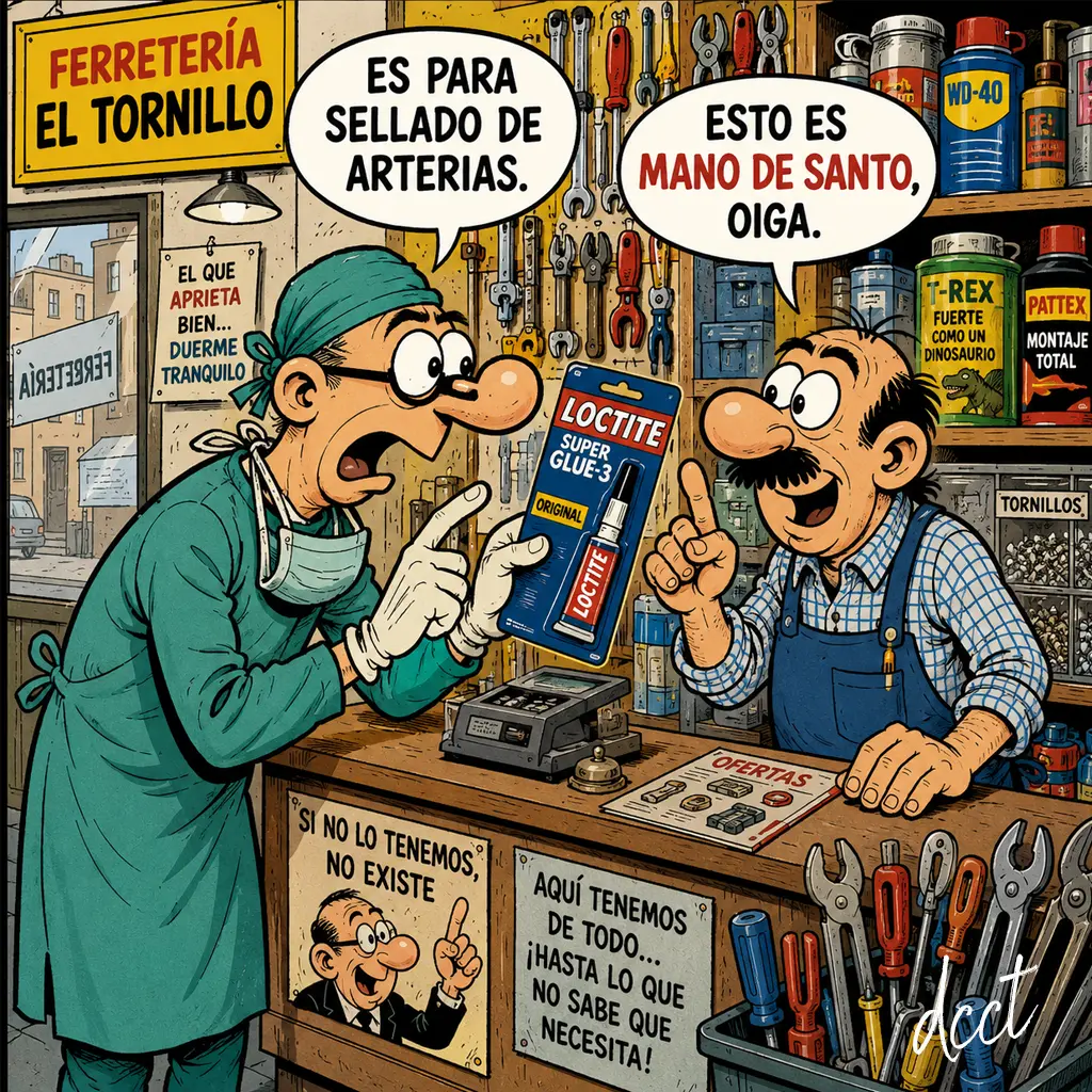 arterias Cirujano comprando un tubo de pegamento Loctite en una ferretería mientras comenta que es para sellar arterias y el dependiente le responde que es mano de santo.