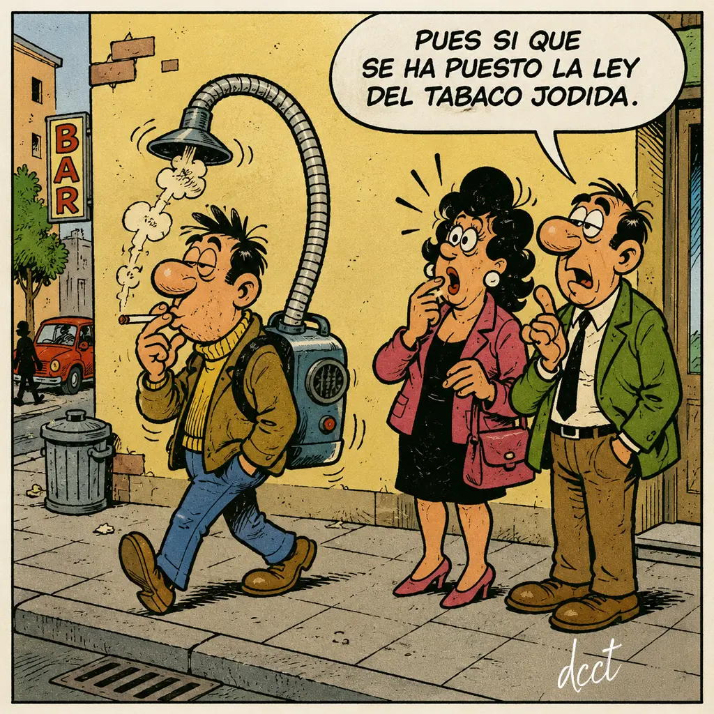 ley_tabaco Caricatura de un hombre fumando con un aspirador de humo a la espalda mientras una pareja comenta sorprendida la dureza de la ley del tabaco.