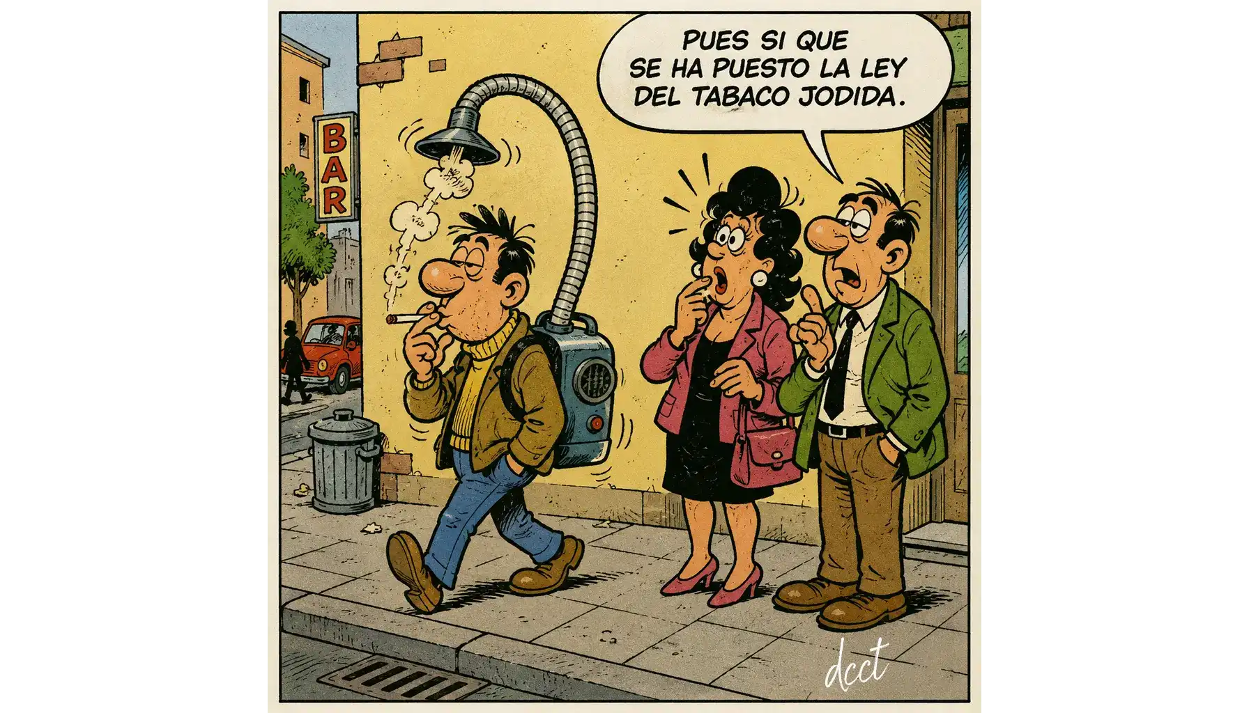Caricatura de un hombre fumando con un aspirador de humo a la espalda mientras una pareja comenta sorprendida la dureza de la ley del tabaco.