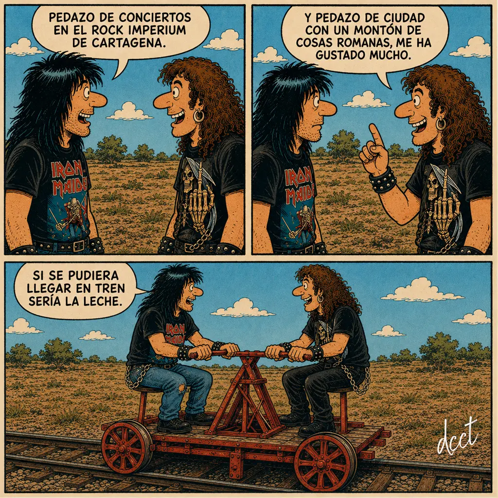 Dos aficionados al heavy metal, vestidos con camisetas inspiradas en Iron Maiden, conversan de perfil mientras viajan en una dresina por una vía férrea que atraviesa un paisaje rural. En las dos primeras viñetas hablan sobre los conciertos del Rock Imperium de Cartagena y el patrimonio romano de la ciudad, mientras que en la última se muestra la dresina completa y uno comenta: «Si se pudiera llegar en tren sería la leche».