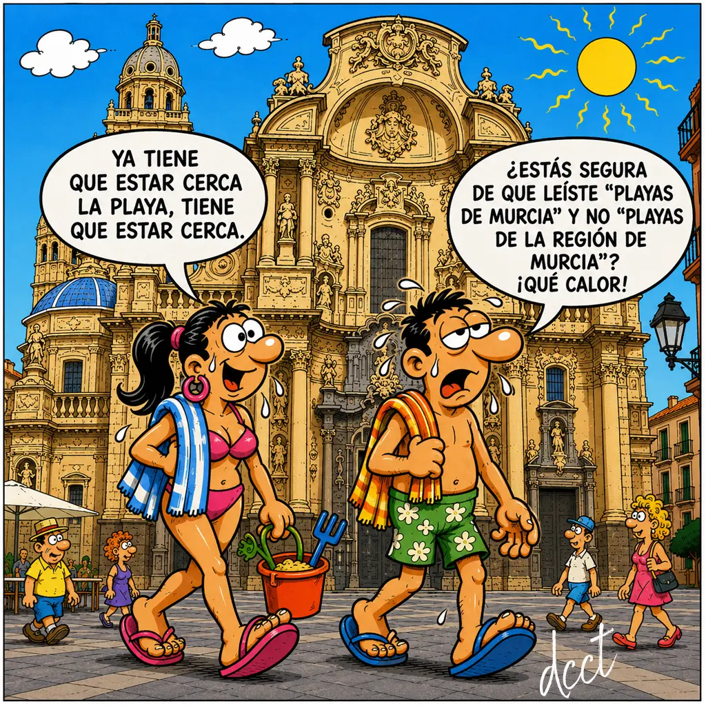 allí no hay playa Ilustración humorística de una pareja con ropa de playa frente a la Catedral de Murcia buscando las playas de Murcia.