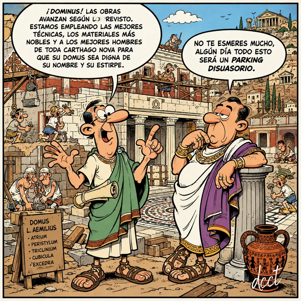 Caricatura de una domus romana en construcción en el Monte Sacro de Cartagena, con un arquitecto y un noble de Carthago Nova.