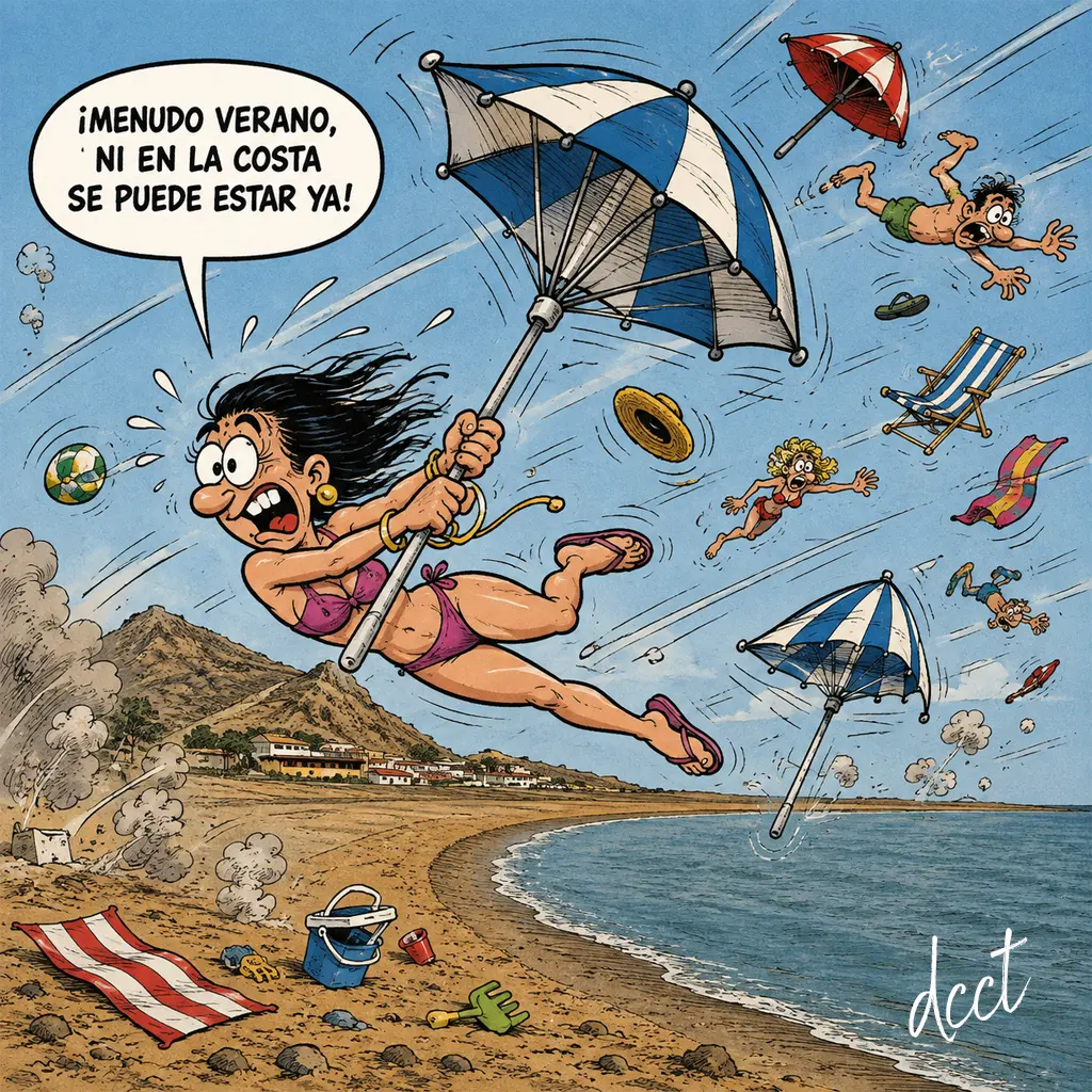 reventón lustración de un reventón térmico en la costa, con fuertes rachas de viento que levantan sombrillas, objetos y bañistas en una playa.
