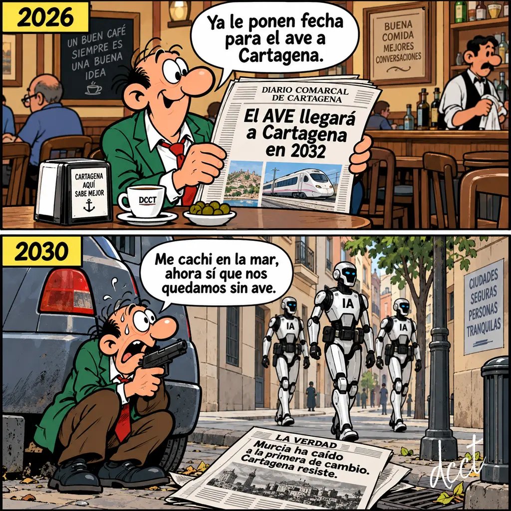 2030 Viñeta satírica sobre el AVE a Cartagena: en 2026 se anuncia su llegada para 2032 y, en un ficticio 2030, un vecino se refugia ante robots de inteligencia artificial.