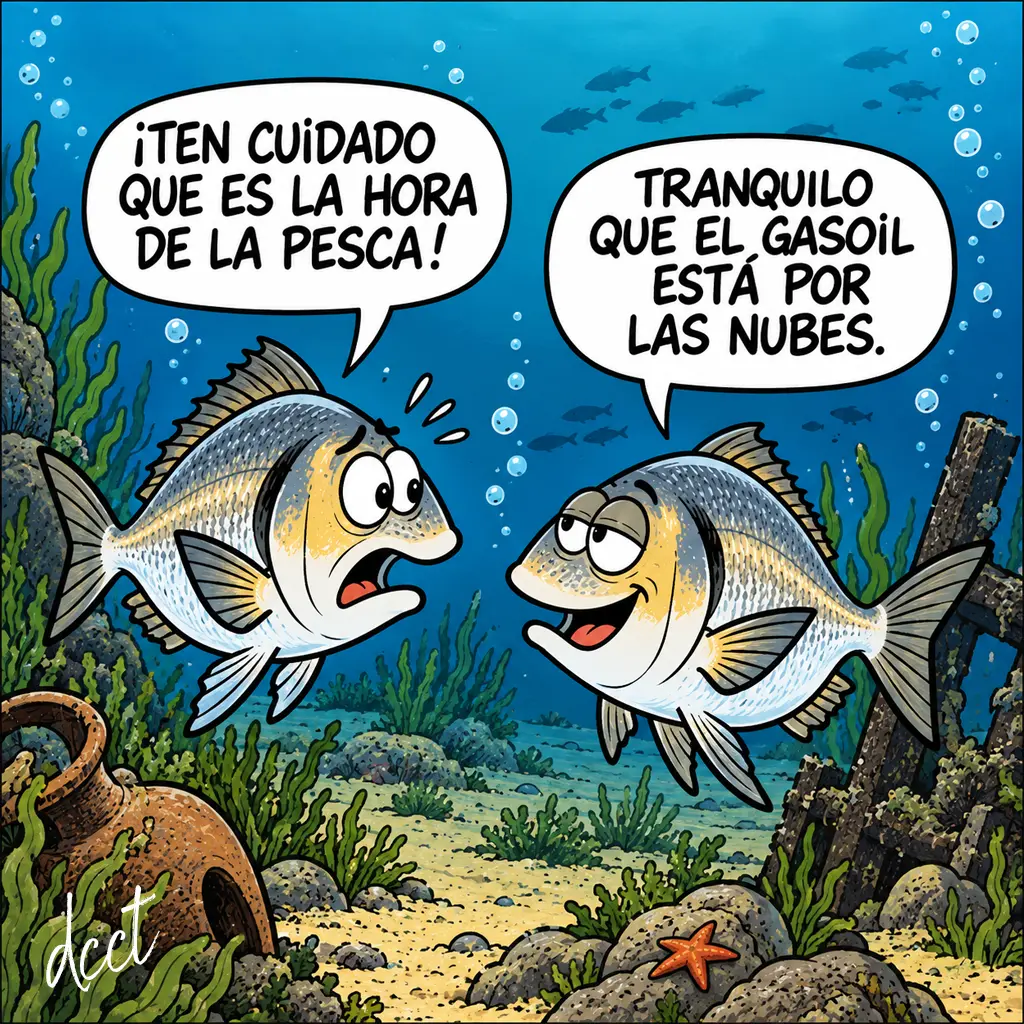 peces Caricatura de dos doradas bajo el mar bromeando sobre la pesca y el precio del gasoil.