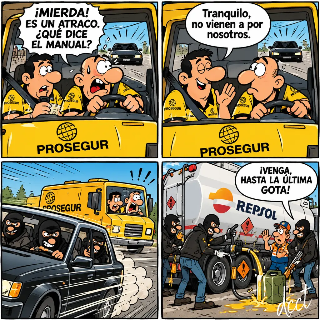 robogas Viñeta humorística sobre un atraco en la que unos ladrones ignoran un furgón de Prosegur para robar combustible de un camión cisterna de Repsol.