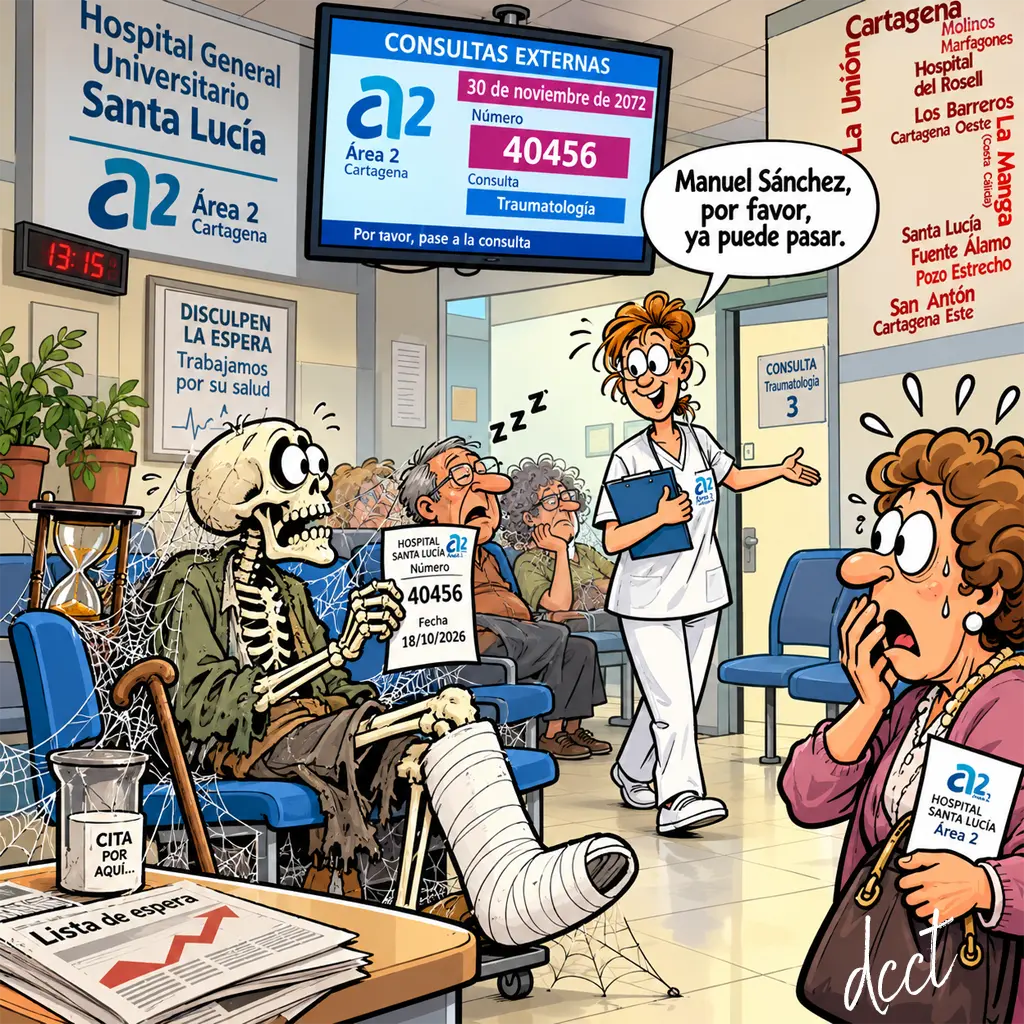 listaespera Caricatura sobre las largas listas de espera en el Hospital Santa Lucía de Cartagena, con un esqueleto escayolado esperando una cita de traumatología hasta 2072.
