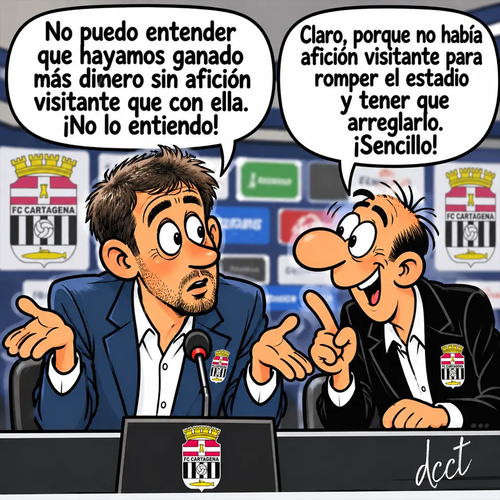 másdinero Caricatura humorística de dos directivos del FC Cartagena en rueda de prensa, ironizando sobre los ingresos económicos y los daños en el estadio causados por la afición visitante.