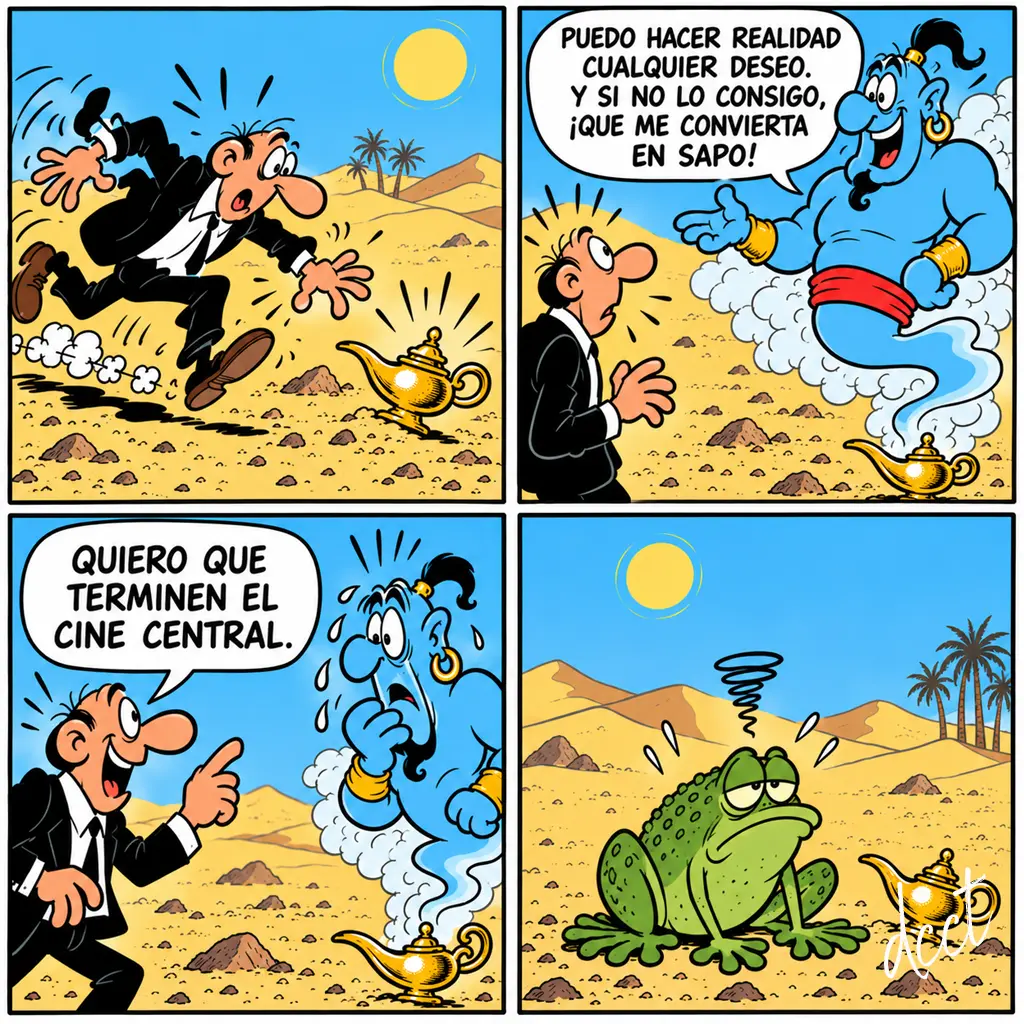 un deseo imposible Caricatura de un hombre que pide a un genio que terminen el Cine Central y el genio acaba convertido en sapo.