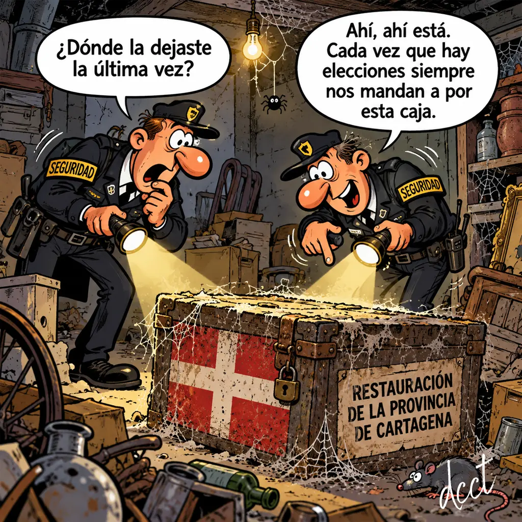 un recurso muy utilizado Caricatura de dos guardias de seguridad que encuentran en un sótano una vieja caja cubierta de polvo y telarañas con la bandera y el lema «Restauración de la Provincia de Cartagena».