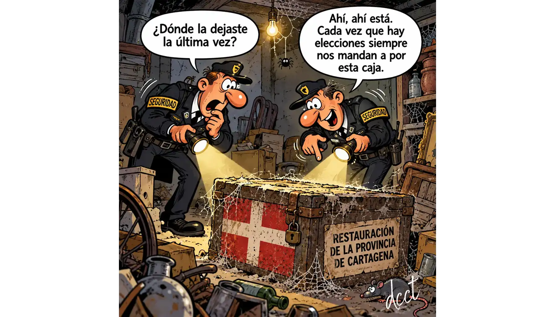 Caricatura de dos guardias de seguridad que encuentran en un sótano una vieja caja cubierta de polvo y telarañas con la bandera y el lema «Restauración de la Provincia de Cartagena».